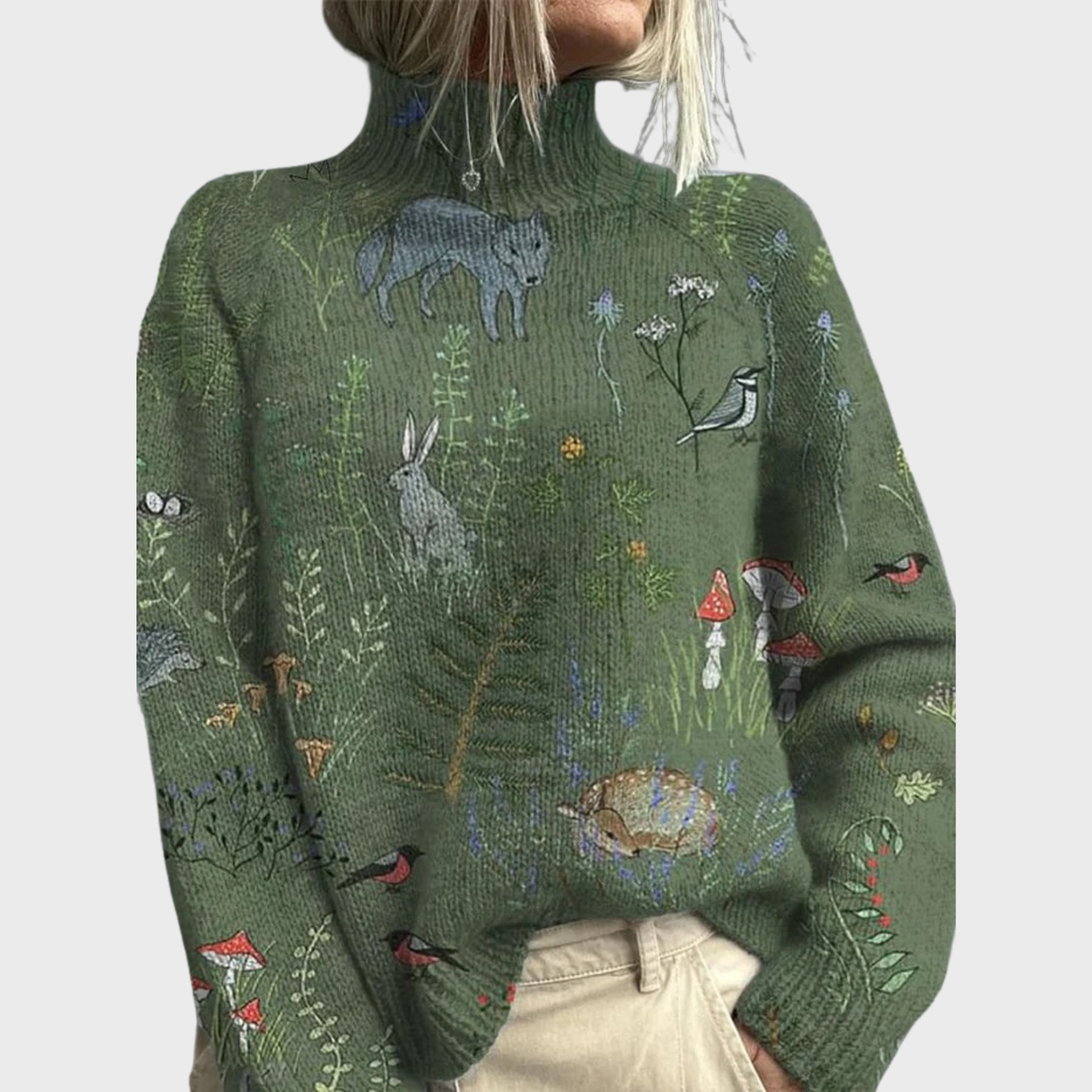 Elena - Knitted Sweater with Forest and Animal Print and Turtleneck