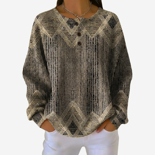Vintage Striped Henley Collar Relaxed Fit Sweater
