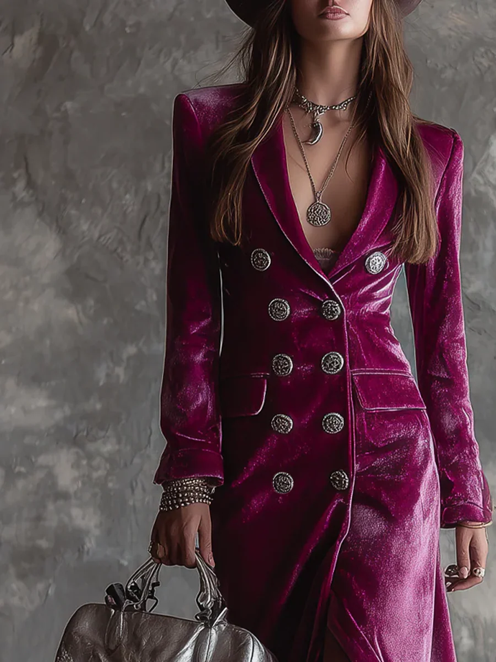 Purple Button-Down Velvet Long Blazer Maxi Dress