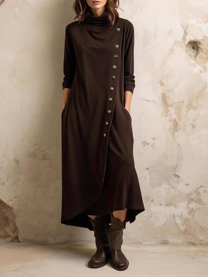 Dark Brown Bohemian Turtleneck Side Button Placket Midi Dress
