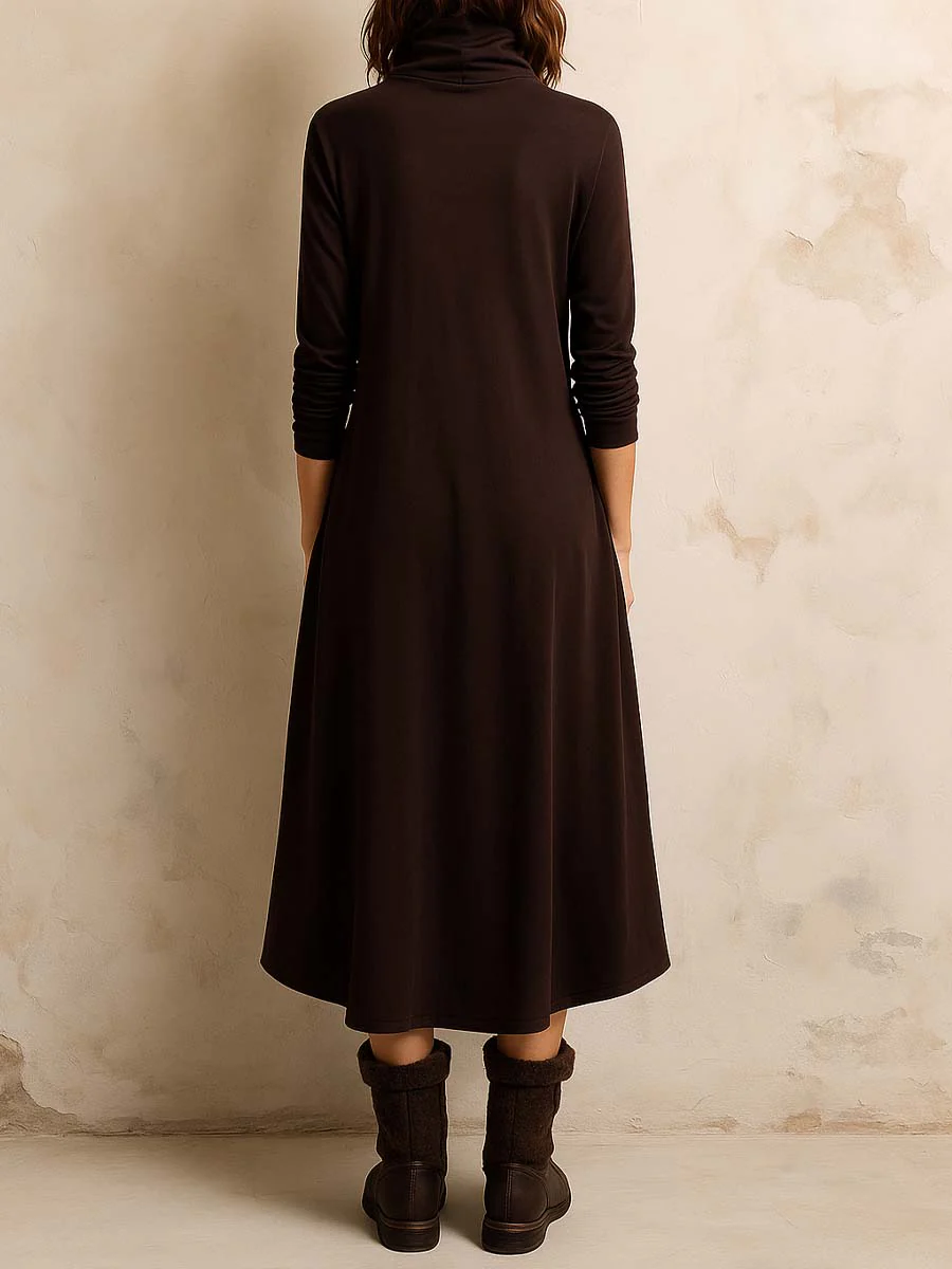 Dark Brown Bohemian Turtleneck Side Button Placket Midi Dress