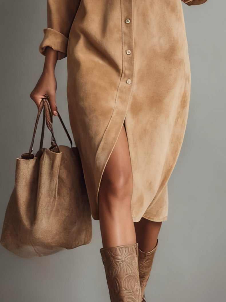 Brown Loose Faux Suede Double Chest Pocket Single-Breasted Midi Dress