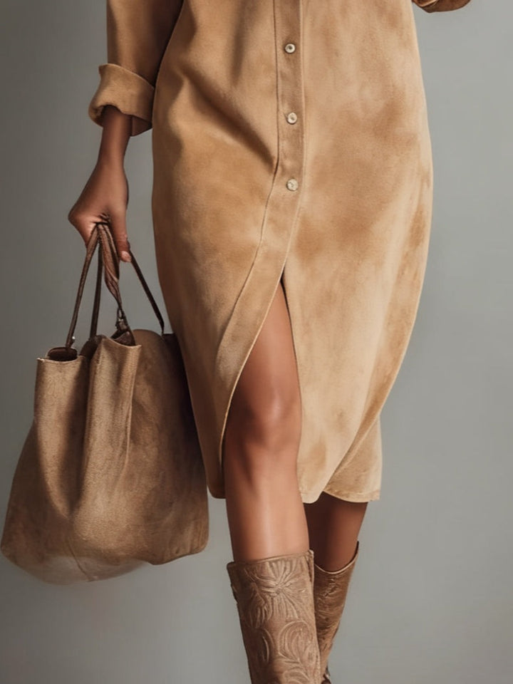Brown Loose Faux Suede Double Chest Pocket Single-Breasted Midi Dress