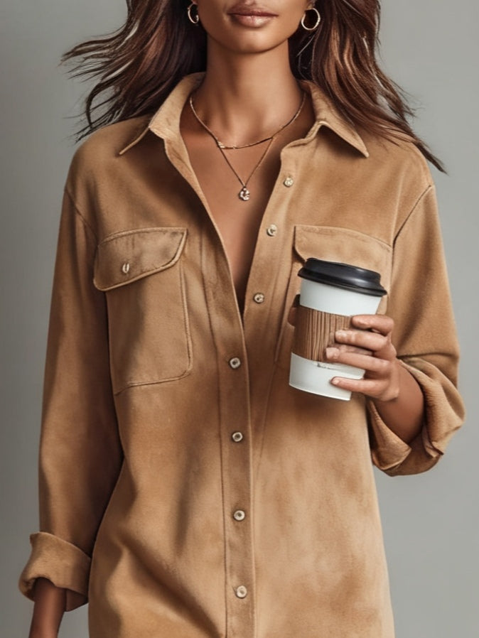 Brown Loose Faux Suede Double Chest Pocket Single-Breasted Midi Dress