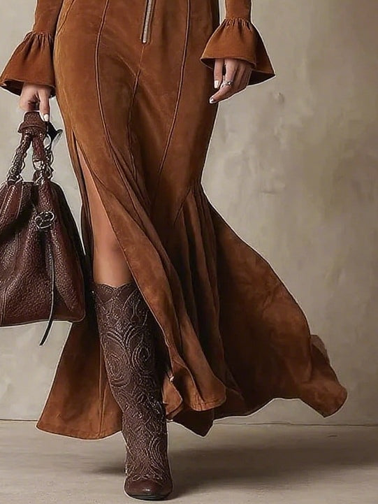 Vintage Brown Bell Sleeve Zipper Slit Maxi Dress