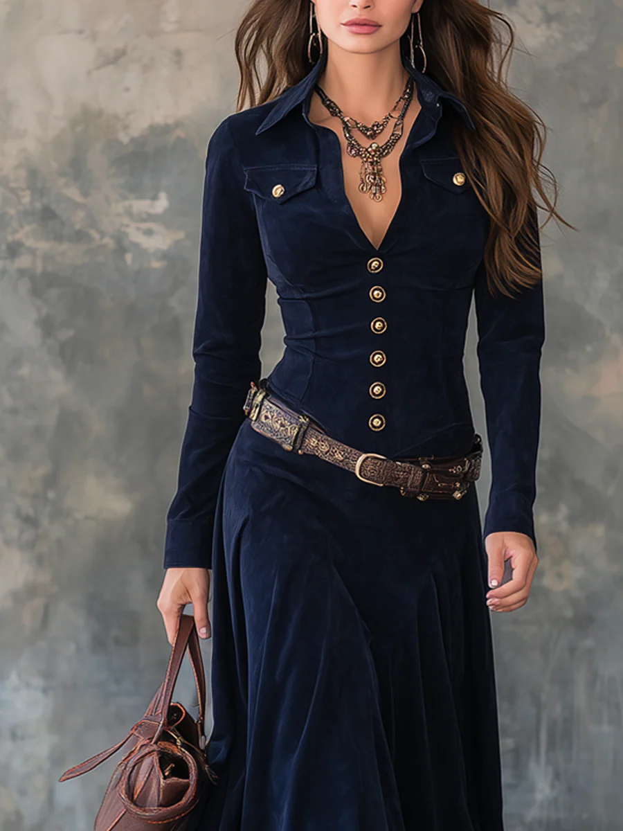 Diana │ Button-Detail Long Suede Dress