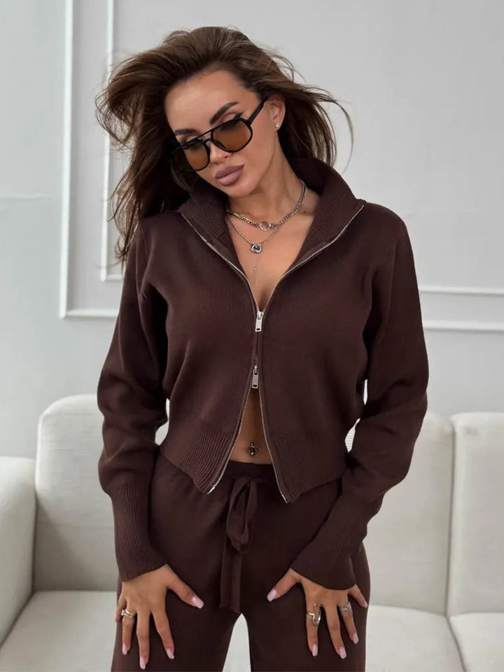 Knit 2 Piece Set – Drawstring Wide Leg Pants with Zip Jacket Top