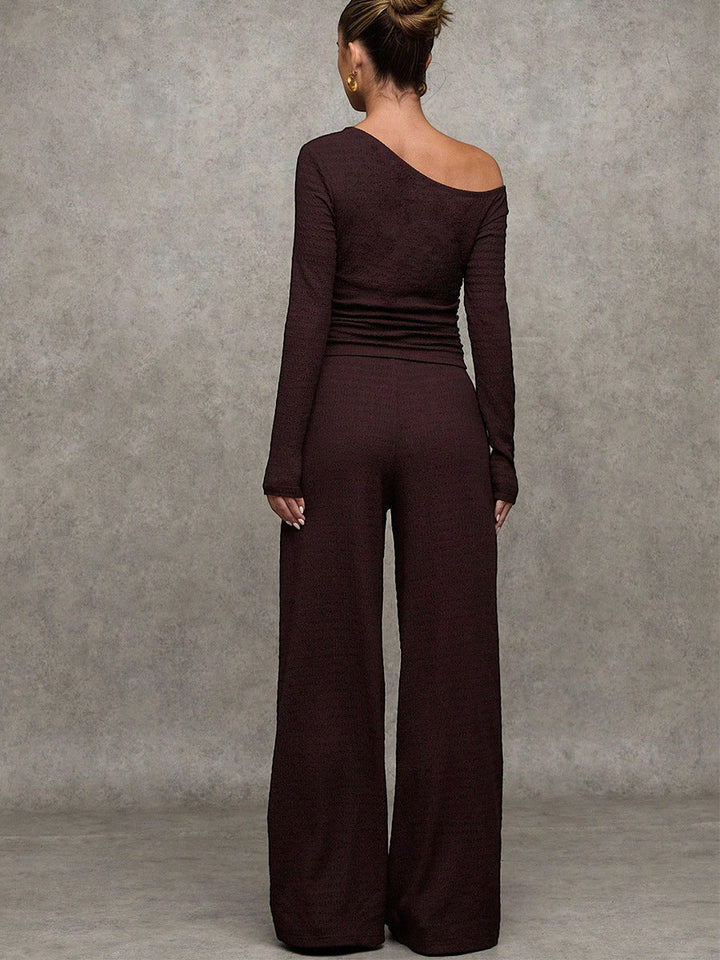 Brown Off Shoulder Knit Co Ord Set – Long Sleeve Top & Wide Leg Pants