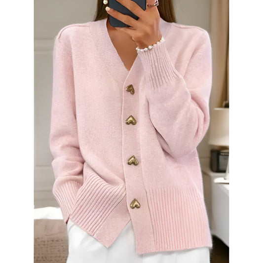 Sara™ – V-Neck Knit Sweater with Heart Button Detail