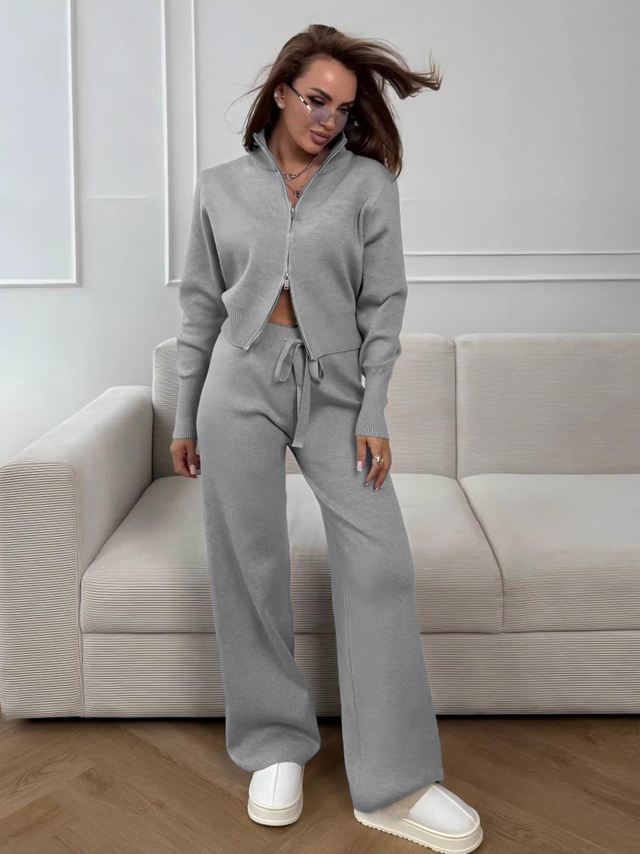 Knit 2 Piece Set – Drawstring Wide Leg Pants with Zip Jacket Top